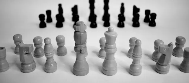 Pièces de jeu des échecs en noir et blanc. Stratégie digitale. Found her brand.